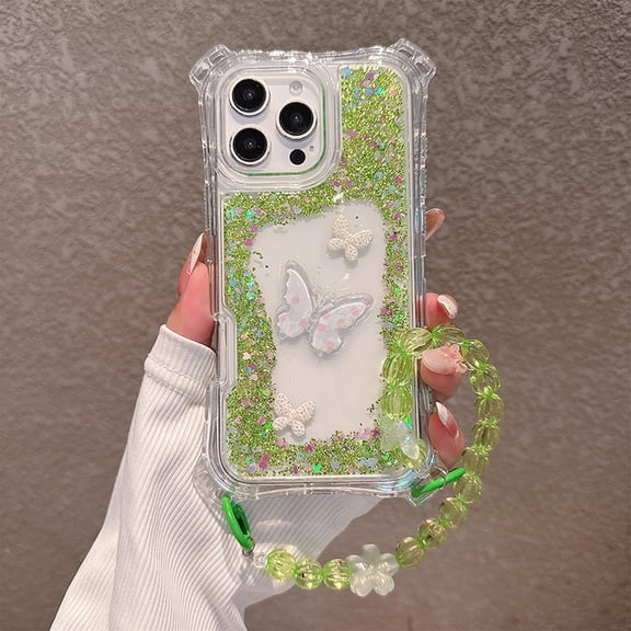 Allytechgroup Glitter Bling Case for Apple iPhone 16, Fasion Butterfly Design Hybrid TPU PC Rugged Bumper Back Cover with Stylish Lanyard Clear Shell for Girls Women, Green