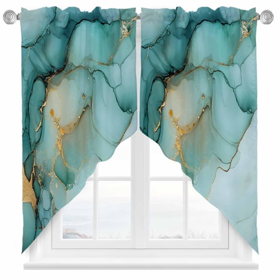 Turquoise Marble Swag Valances for Windows 2 Pack Modern Art Abstract Gold Texture Ombre Swag Kitchen Curtains 36 Inches Long Rod Pocket Short Window Treatment for Kitchen Bathroom 36"x36"