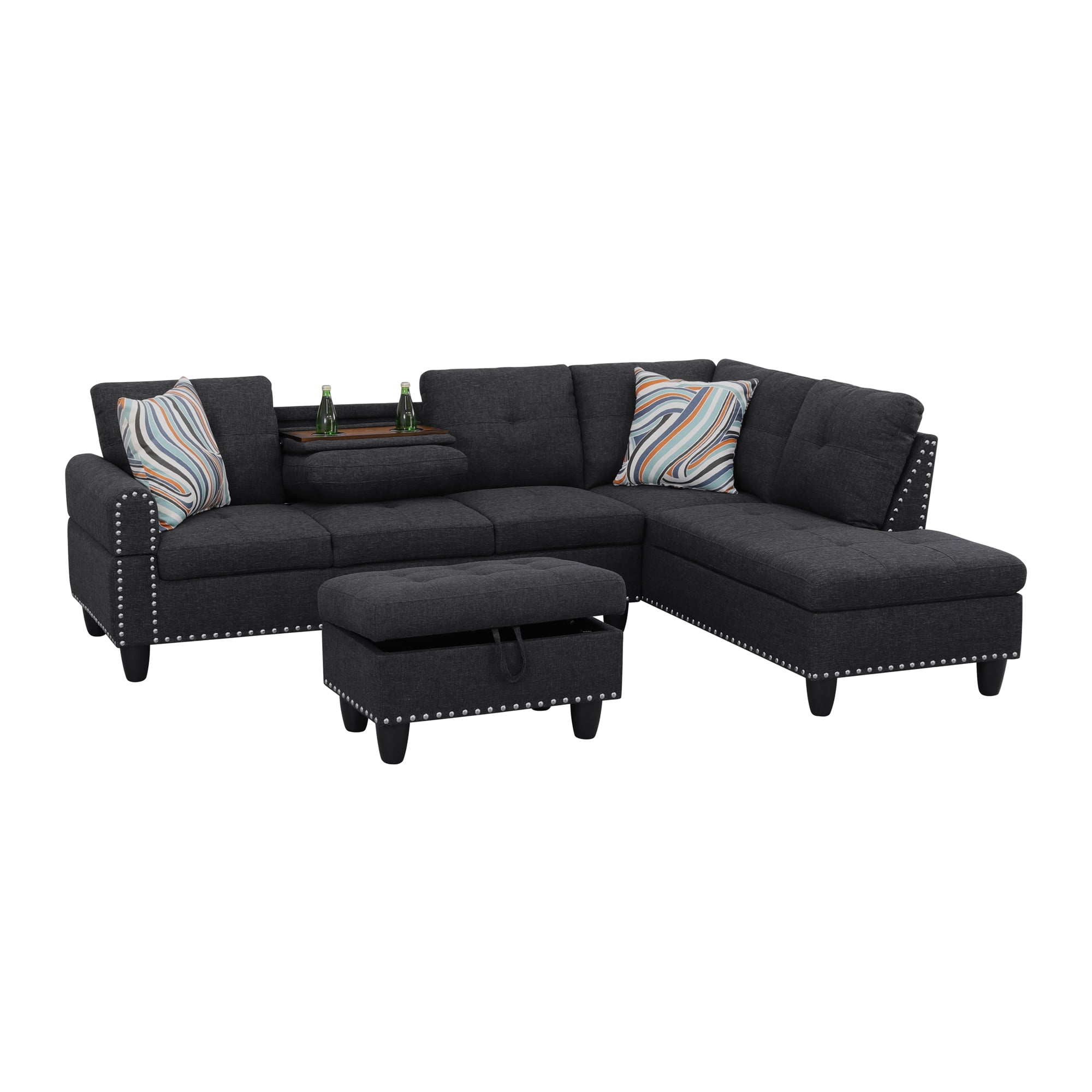 Howcool 98" Sectional Sofa, L-Shaped Couch with Storage Ottoman & Right-Facing Chaise, Linen Fabric Modular Sectional Sofa for Living Room, Apartment & Small Space, Black Gray