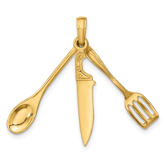 FB Jewels 14K Yellow Gold 3D Spatula Wooden Spoon Butcher Knife Colle Caration Moveable Pendant