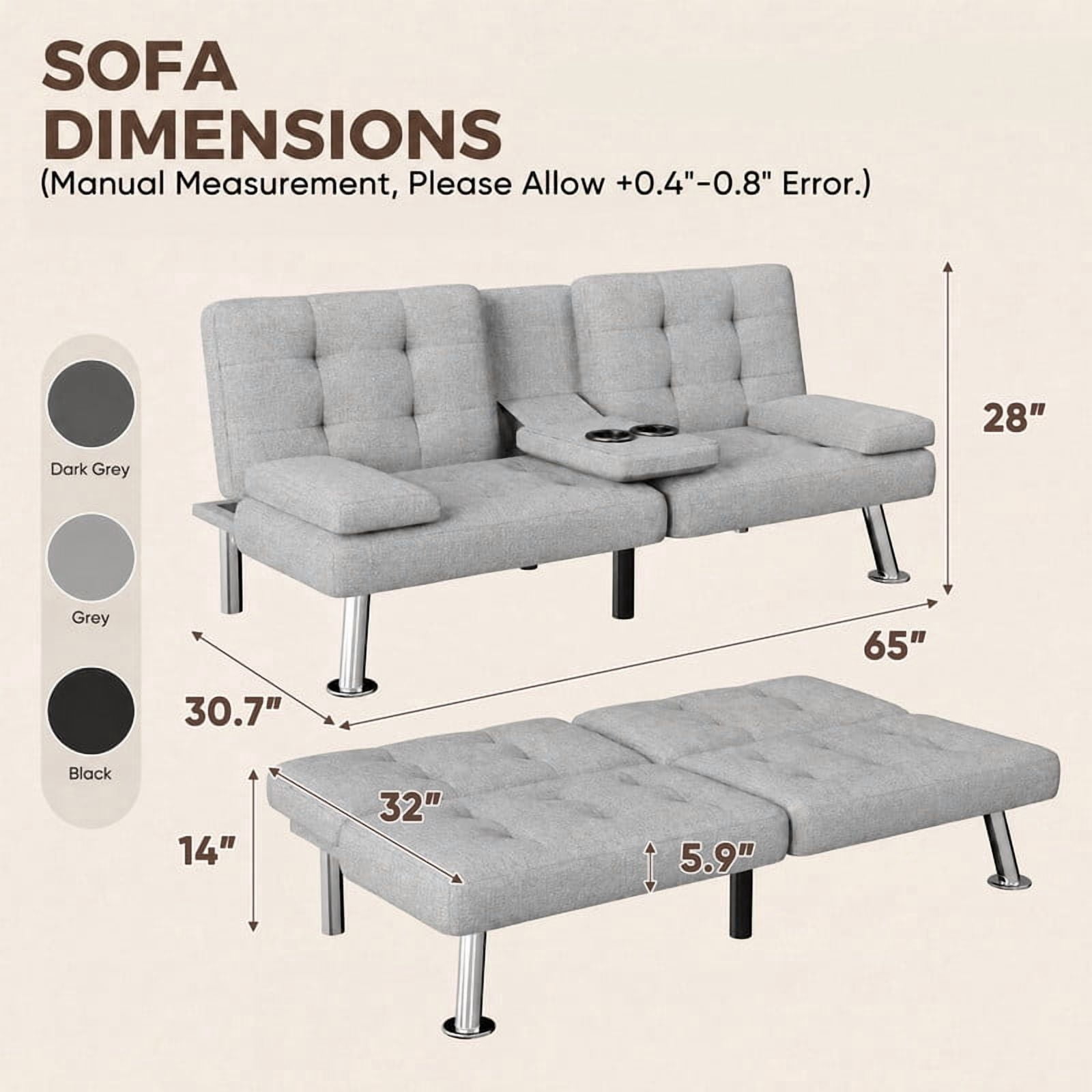 Lacoo Futon Sofa Bed, Linen Convertible Couch Sleeper Sofa, Cup Holders, Small Spaces,Gray