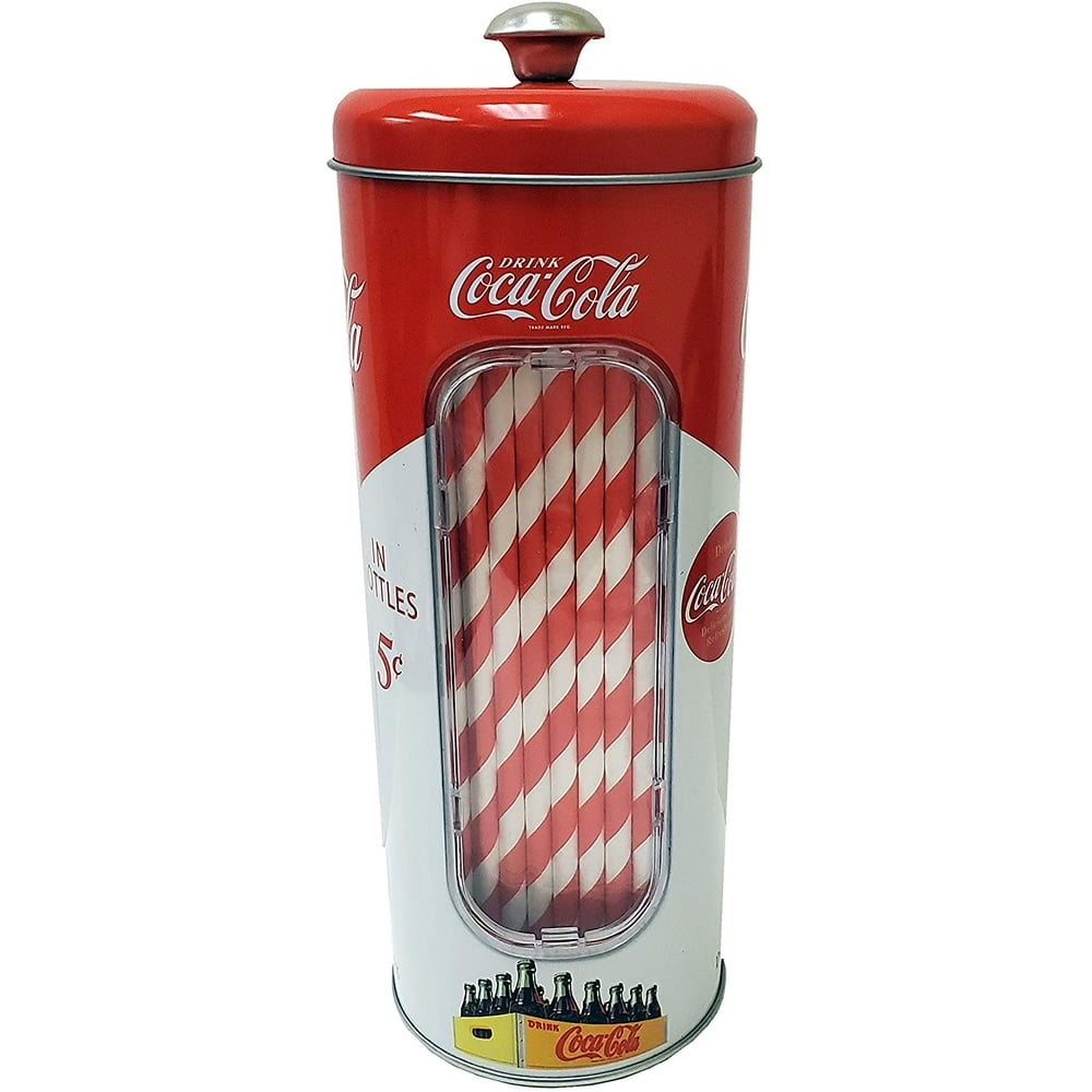 The Tin Box Company Coke Holder Tin with 20 Paper Straws Inside, 33/8