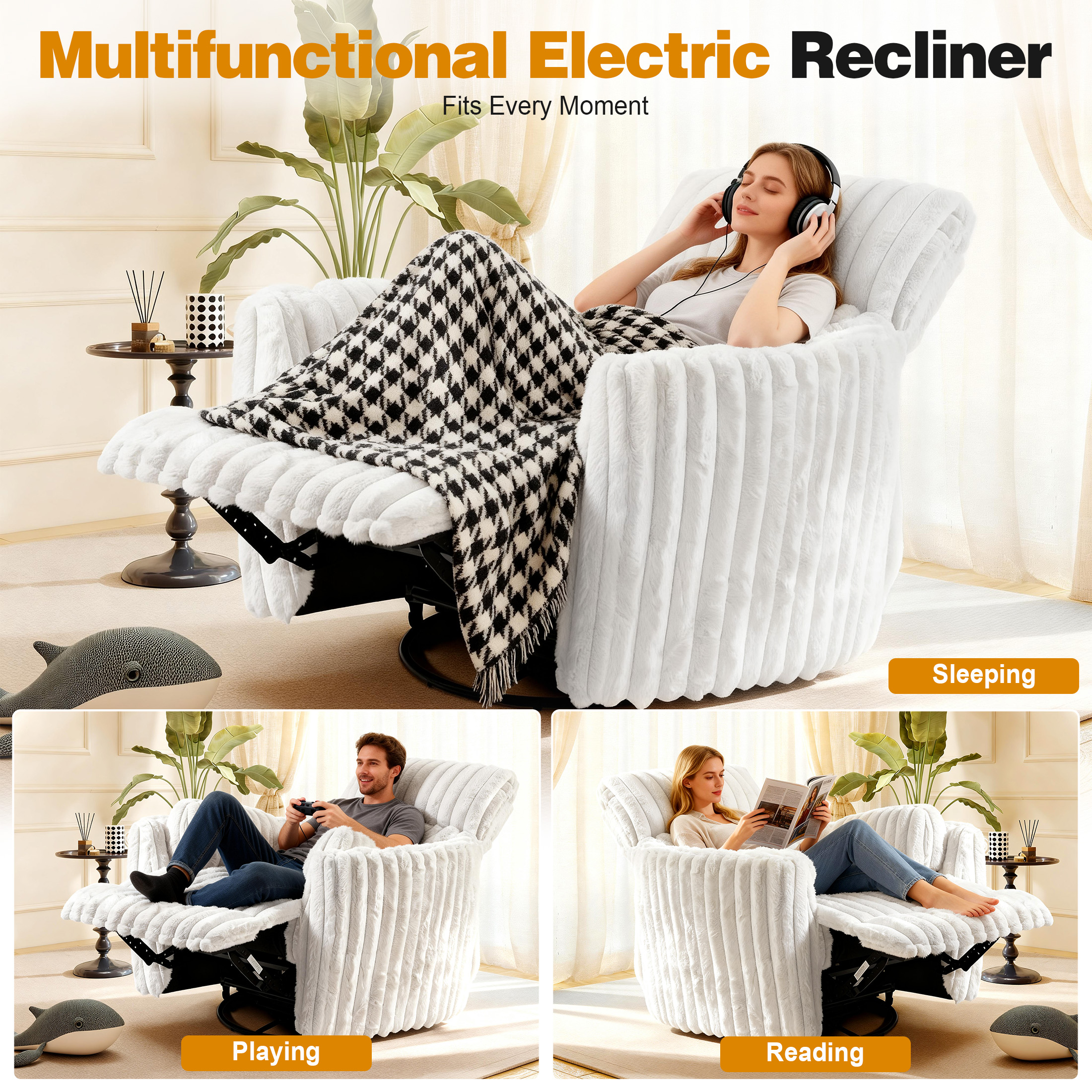 Aukfa Swivel Rocking Glider Power Recliner Chair with 24" Wide Seat & Type-C & USB Ports, White