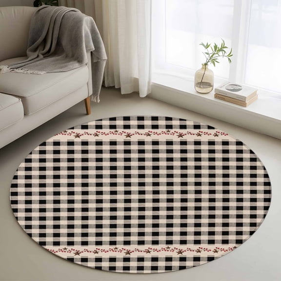 Farmhouse Berry Washable Round Area Rug 3 ft, Black Buffalo Plaid American Country Rustic, Soft Non Slip Rugs Stain Repellent Indoor Felt Carpet for Living Dining Room Bedroom Home Office