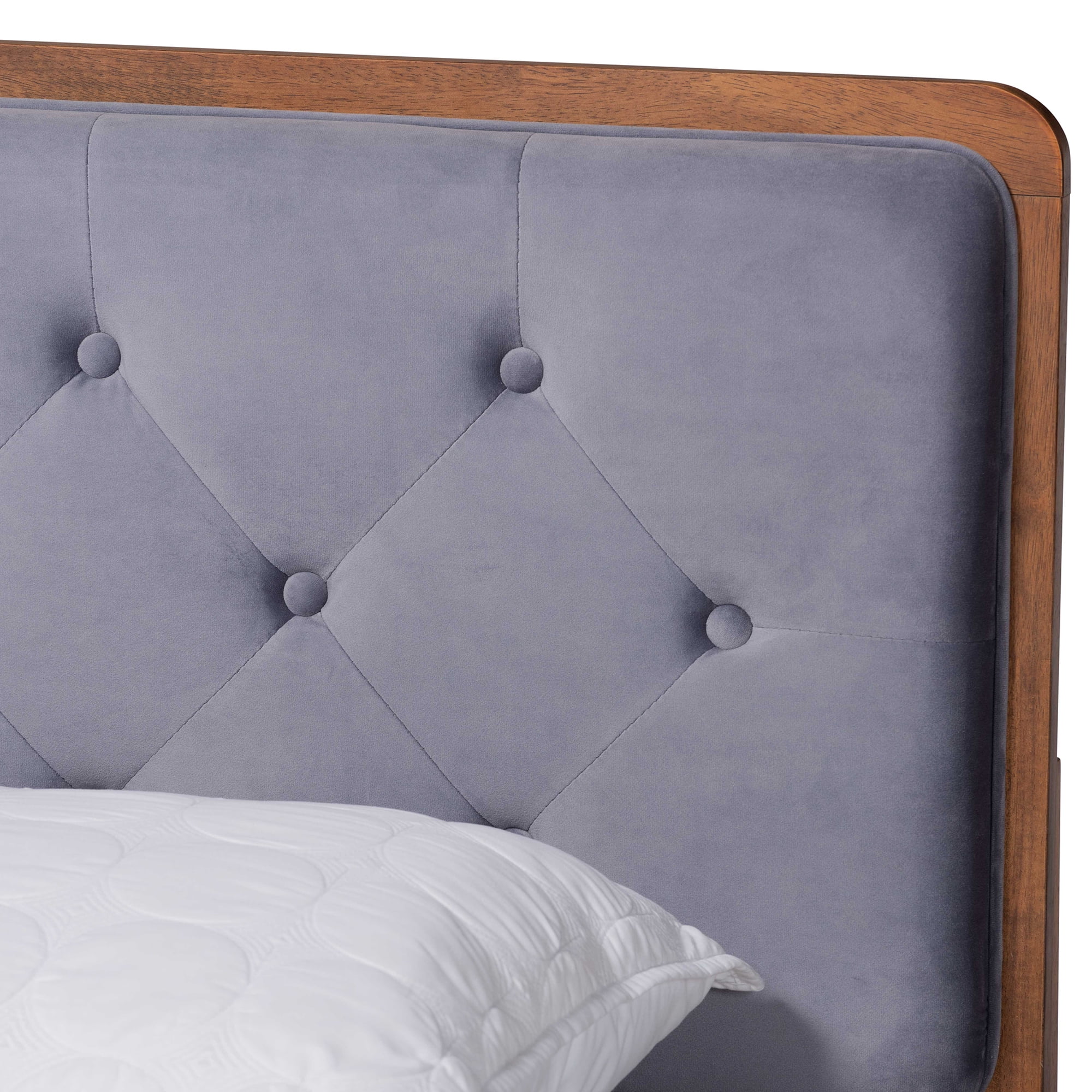 Baxton Studio Larue Modern and Contemporary Grey Velvet Fabric Upholstered and Walnut Brown Finished Wood King Size Platform Bed