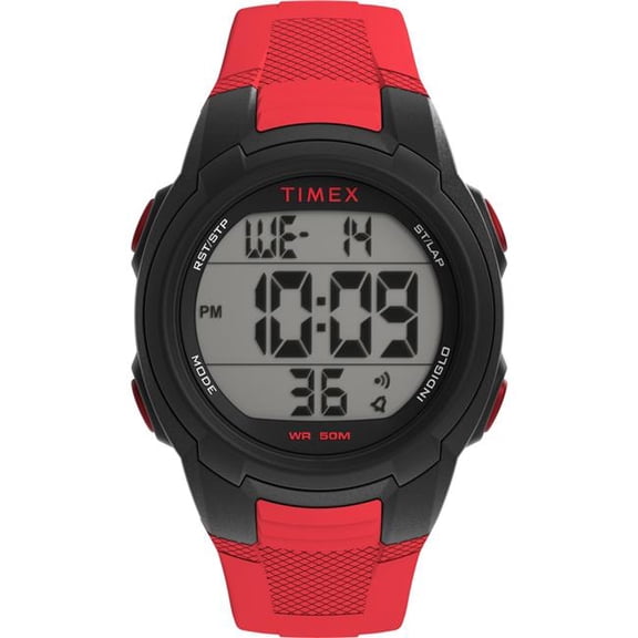 Timex  40 mm Unisex T100 Watch - Red Strap Digital Dial Black Case
