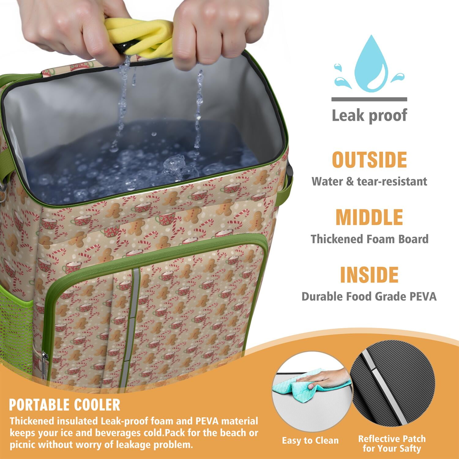 Travel Cooler Bag - Brown Christmas Gingerbread and Drink Pattern Camping Beer Cooler Backpack with Bottle Opener- Waterproof Insulated Picnic Backpacks - Cooler Bag for Beach