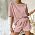 thumbnail image 6 of QUYUON Two Piece Outfits for Women Ribbed Knit Crew Neck Short Sleeve Elbow-Length Tops Short Sets Summer 2 Piece Outfits Lounge Sets Pajamas Shorts Set Loungewear A-Pink L, 6 of 6
