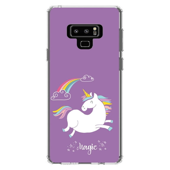 DistinctInk Clear Shockproof Hybrid Case for Samsung Galaxy Note 9 - TPU Bumper, Acrylic Back, Tempered Glass Screen Protector - Unicorn - Rainbown - Magic - Purple