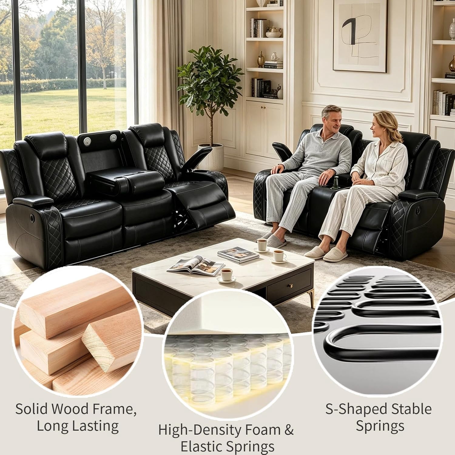 Power Reclining Leather Sofa Set, 3 Pieces Living Room Couch with LED, USB Ports, Cup Holders and Armrest Storage, Black