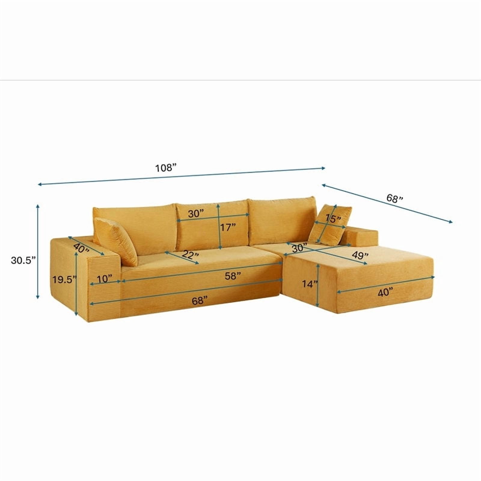 US Pride Compression sectional sofa in soft corduroy right hand facing