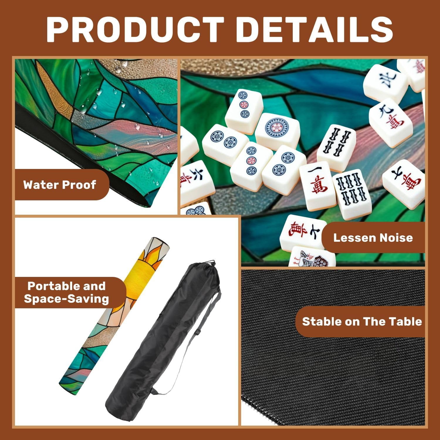 Mahjong Mat with Carrying Bag 31.5" x 31.5" Non-Slip Noise Reduction Vibrant Stained Glass Landscape Sun Hills Swirling Sky Table Mat for Mahjong Poker Dominoes Card Board Tile Games