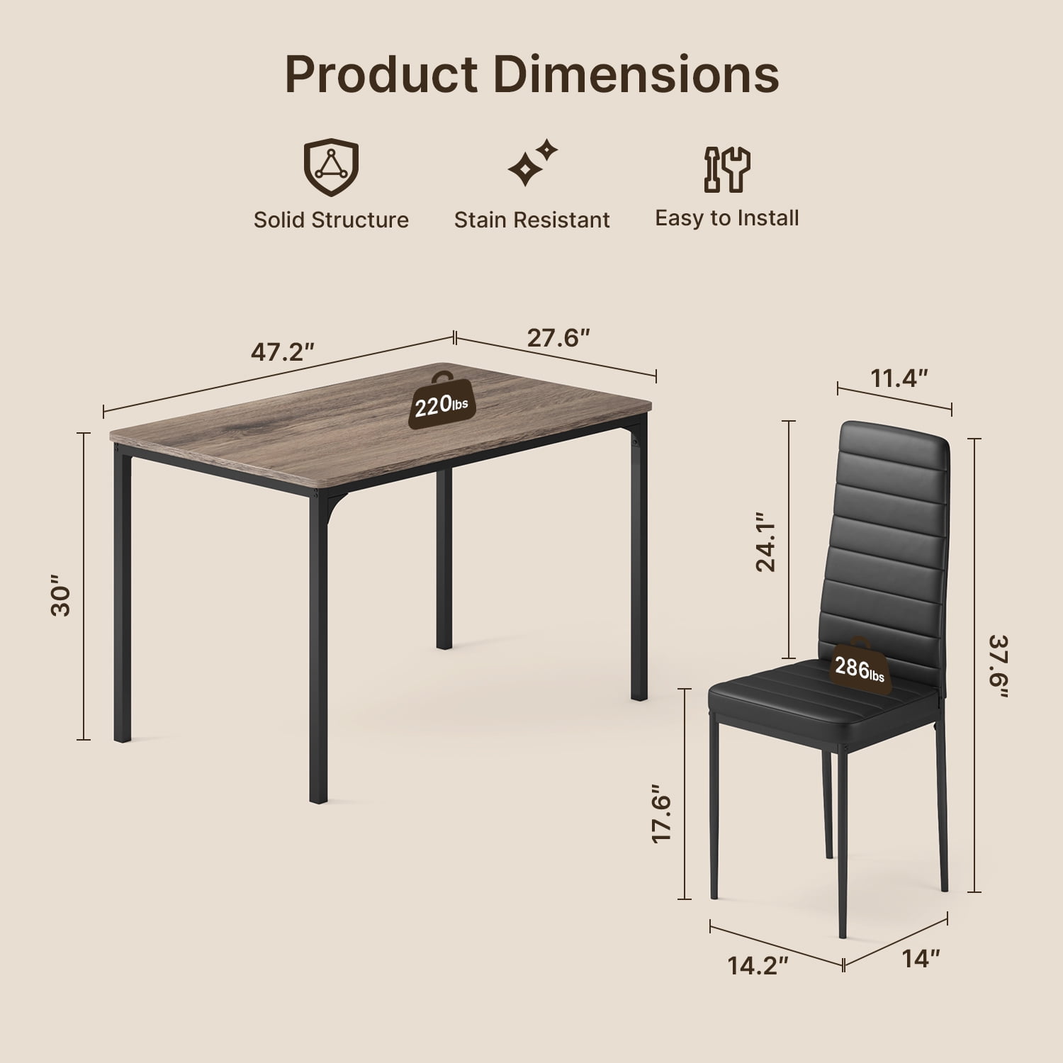 Lofka Dining Table Set for 4, Dining Table and Chair 1 Table & 4 PU Leather Chairs for Small Spaces,Gray