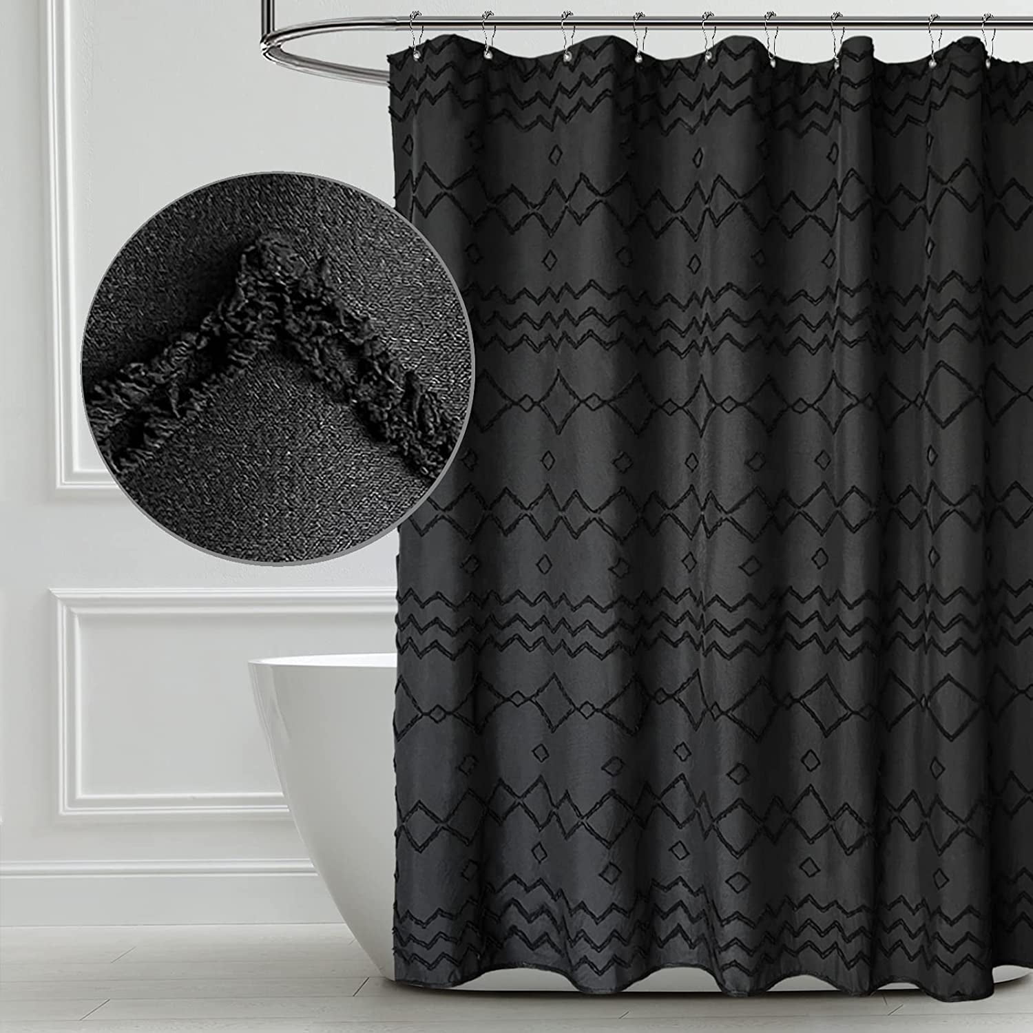 Seasonwood Black Boho Shower Curtain Waterproof Fabric Shower Curtain 