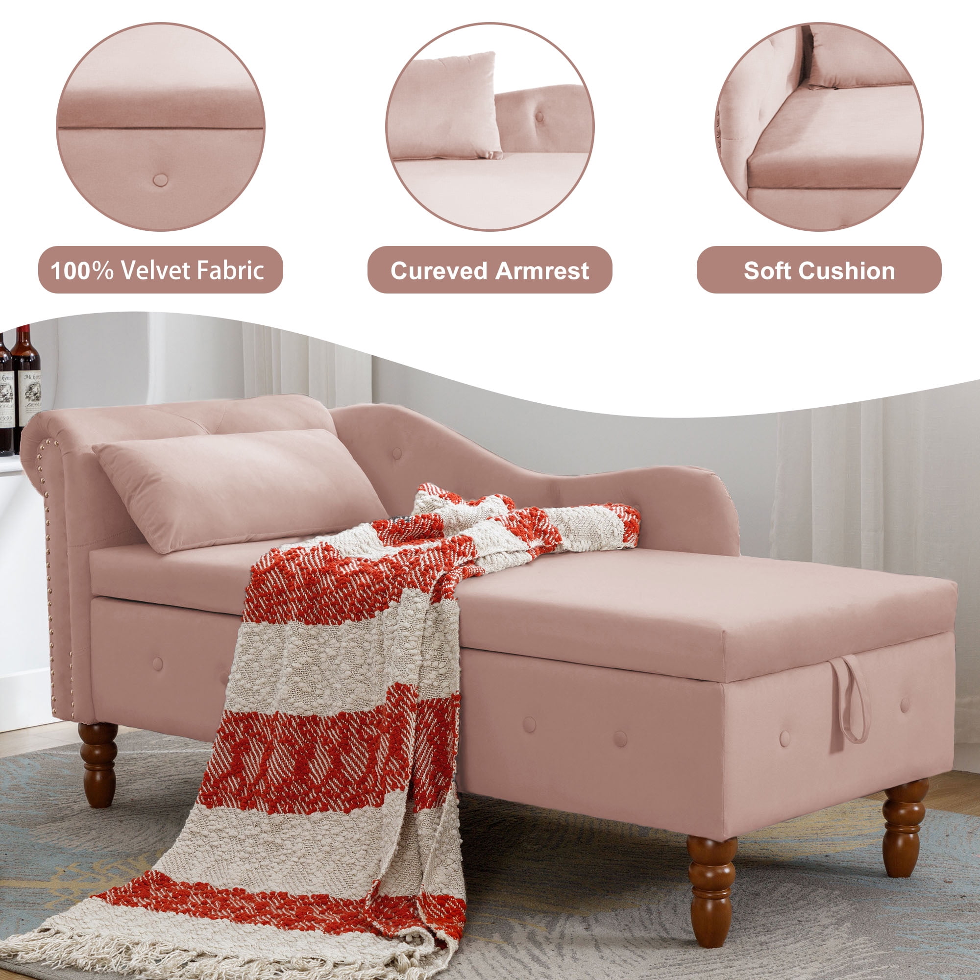 Aukfa Storage Chaise Lounge Chair Indoor Recliner Lounge Chair for Living Room Bedroom,Pillow - Pink