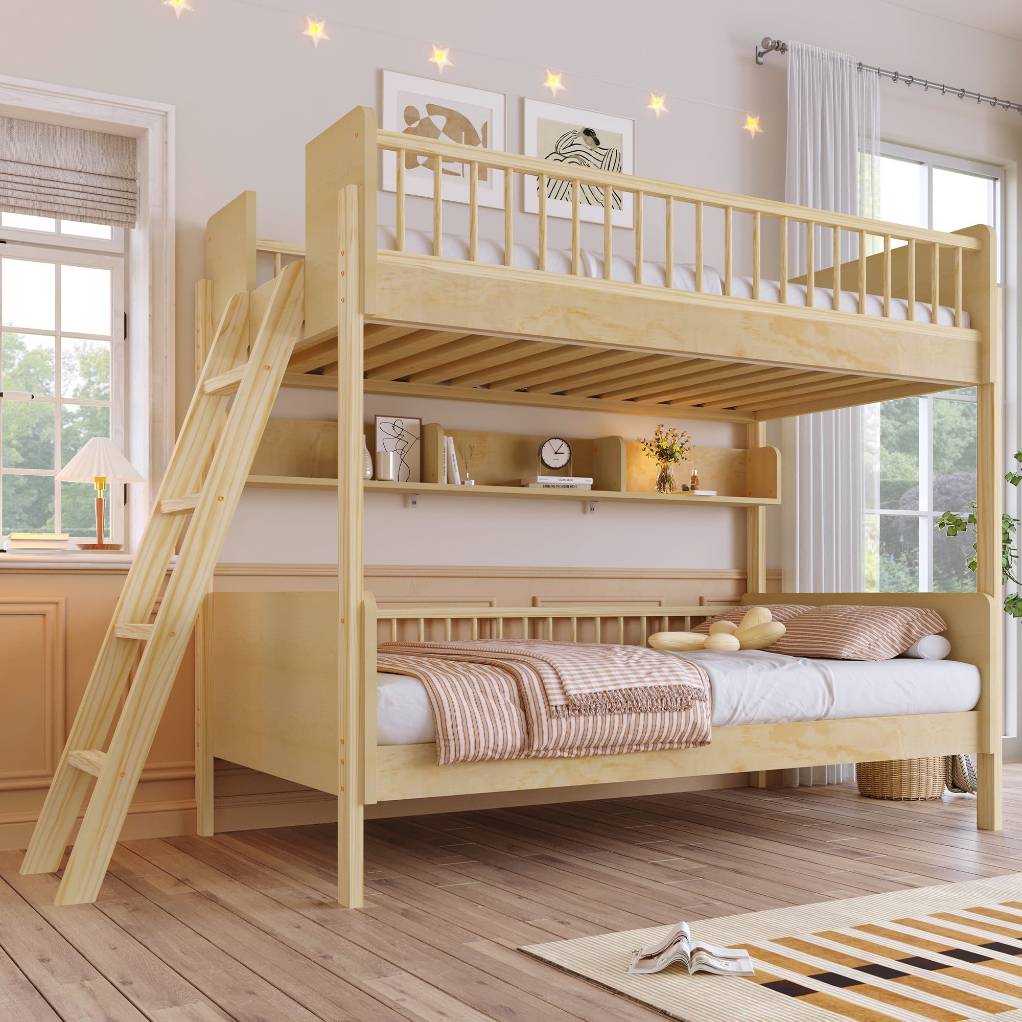 Yoneston Twin Over Twin Size Bunk Bed with 3 Storage Shelves, Wooden Platform Bed Frame with Safety Guardrails & Adjustable Ladder for Kids Teens Bedroom Dorm, Natural