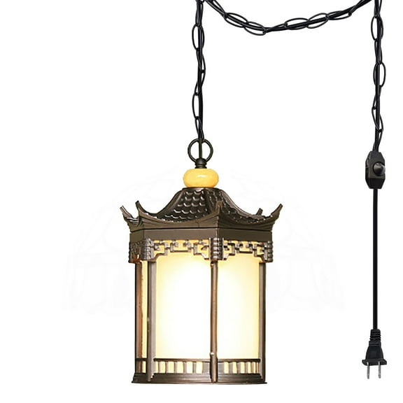 Kiven Plug in Pendant Light, Farmhouse Hanging Light Fixture with Iron Glass Lampshade and Iron Chain, E26 Socket Dimmable Pendant Light for Hallway Kitchen Bedroom(TB3146)