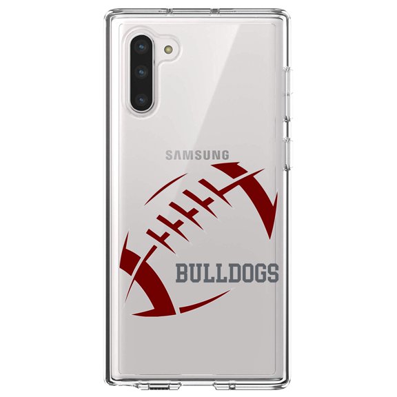 DistinctInk Clear Shockproof Hybrid Case for Samsung Galaxy Note 10 (6.3" Screen) - TPU Bumper, Acrylic Back, Tempered Glass Screen Protector - Bulldogs Football - Maroon, Gray