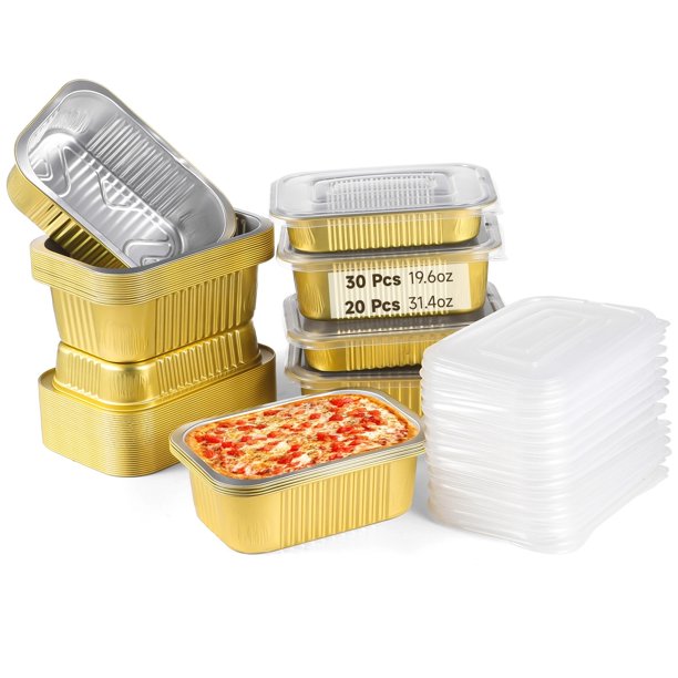 50 piezas de sartenes de aluminio con tapas, moldes para hornear de papel de aluminio resistente, sartenes desechables para llevar, recipientes de comida sobrantes, platos aptos para microondas para
