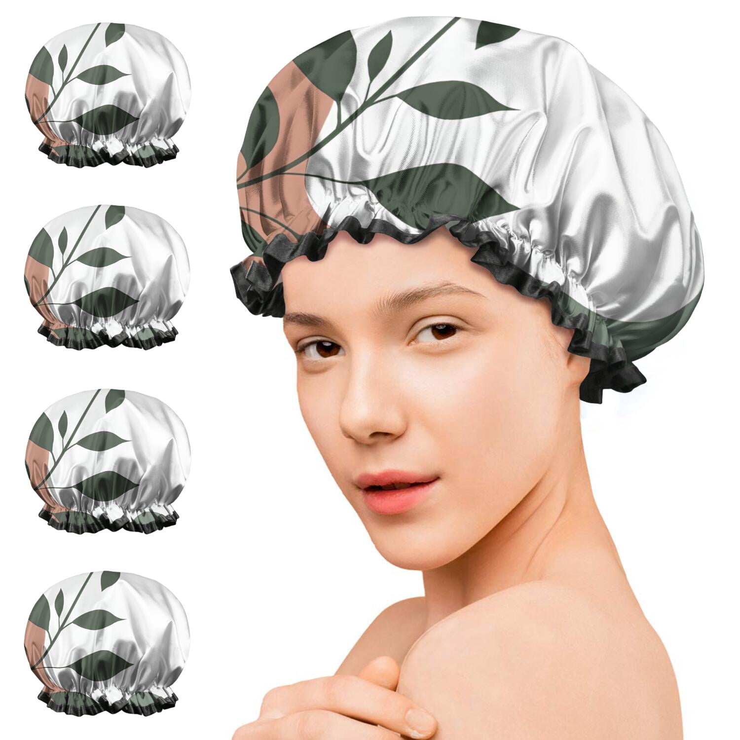 Shower Caps,Brown Boho Plant Pattern Waterproof Shower Cap for Women 4 Pieces,Double Reusable Hair Cover for Shower PEVA Elastic Stretch Hem