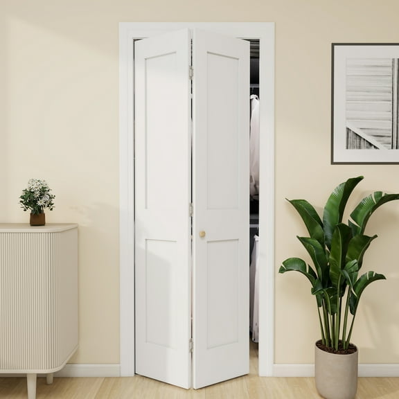 Interior White Primed Shaker 2 panel Solid Wood Core Bifold Closet Doors With Hardware Kit