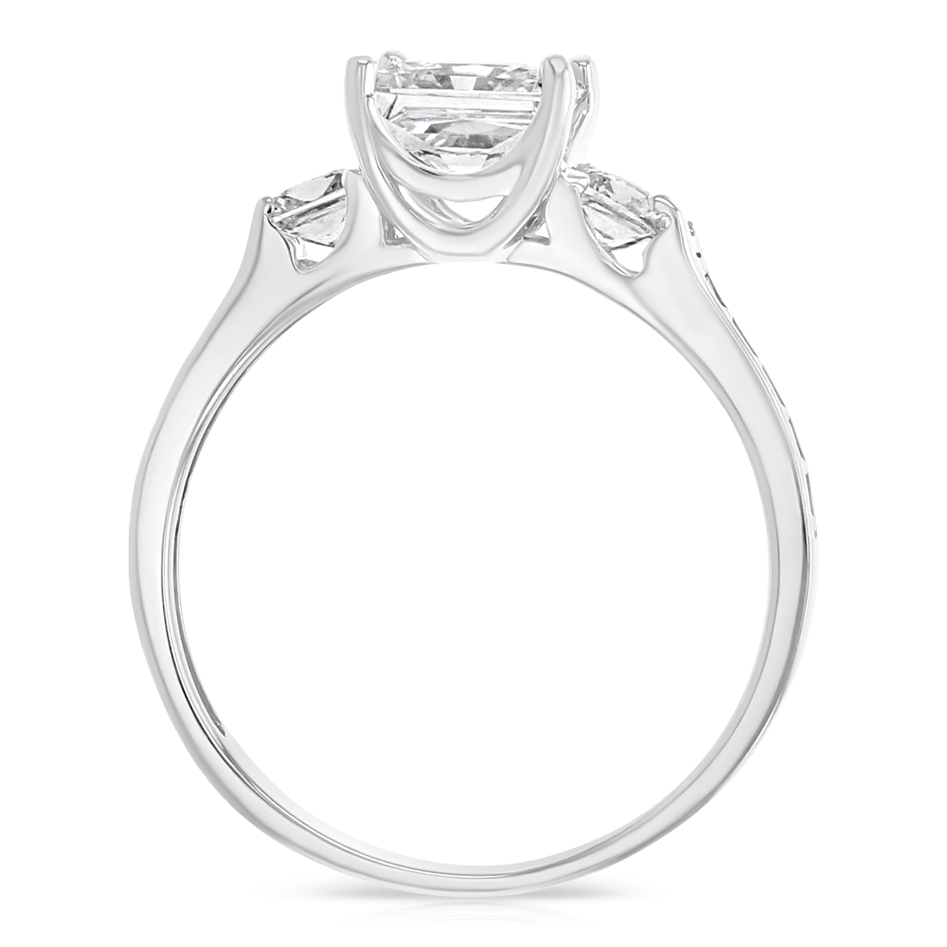 Ioka - 14K Solid White Gold 1.5 Ct. Princess Cut 3 Stone CZ Engagement Ring With Stones in Band - Size 7