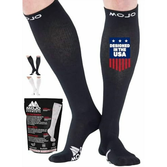 Mojo - Chaussettes de Compression pour Femmes et Hommes 15-20mmHg - Bas de Compression Opaques pour Varices Circulation, Récupération Bariatrique, Œdème - Noir, Moyen - A106