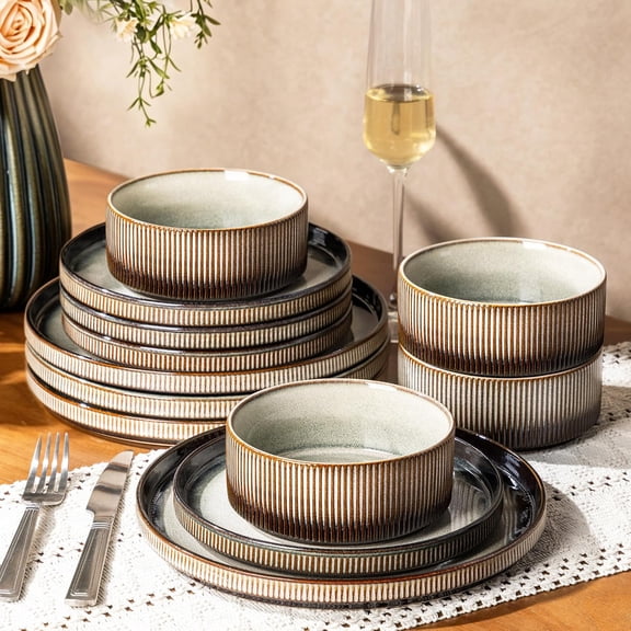 Stoneware Dinnerware Set for 4 12-Piece Mocha & Sage