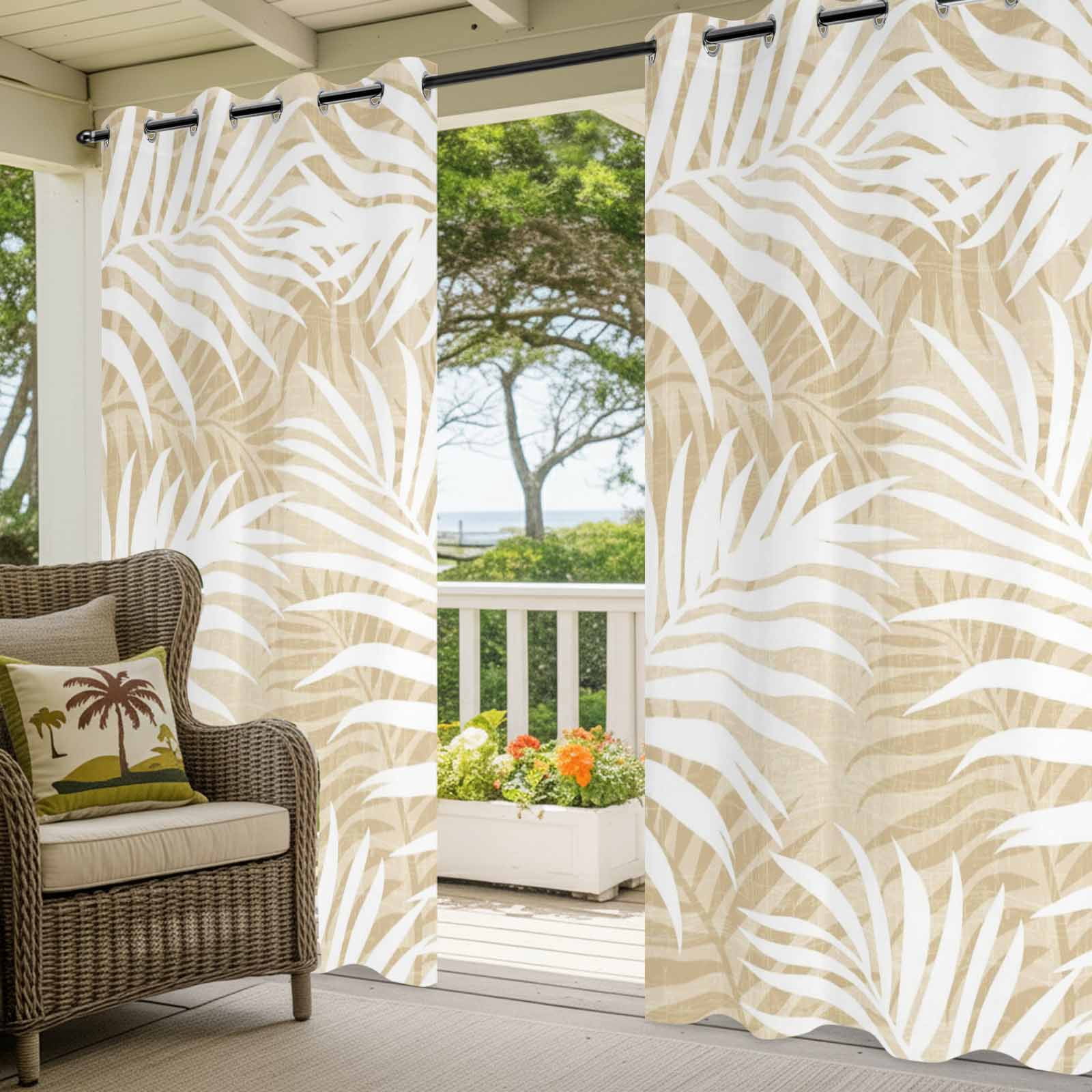 Summer Beige Palm Outdoor Curtains for Patio, Bohemian Country Watercolor Beige Leaf Abstract Stripe Sunshade Privacy Drapes Grommet Waterproof Outside Curtains for Porch Balcony 54"x108", 1 Panel