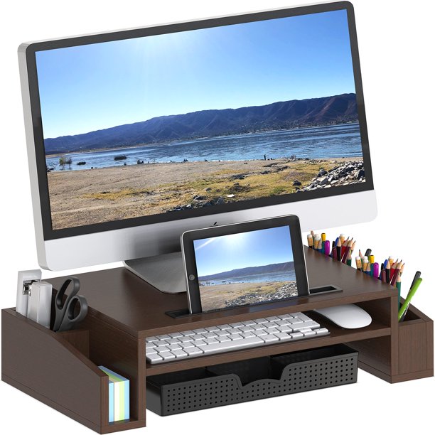 SHW Desk Monitor Stand with Organizer tray, Espresso