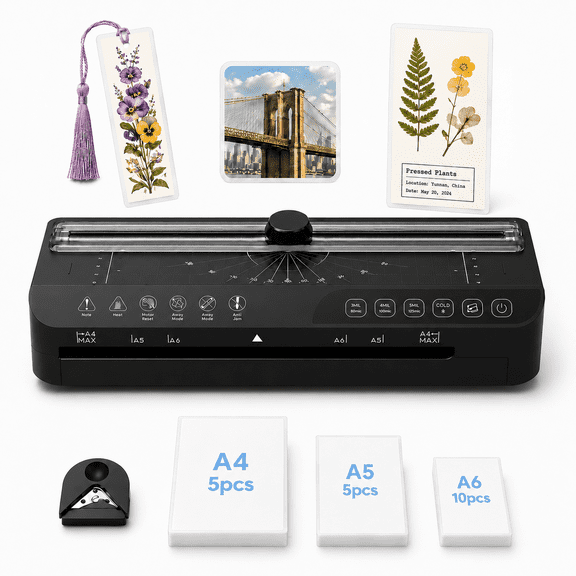 9-Inch A4 Laminator Machine, Hot & Cold Thermal Laminator with Smart Standby, 85s Fast Warm-Up, 355 mm/min, 3-5 Mil, ABS Anti-Jam, Corner Rounder, 20 Pouches, Black