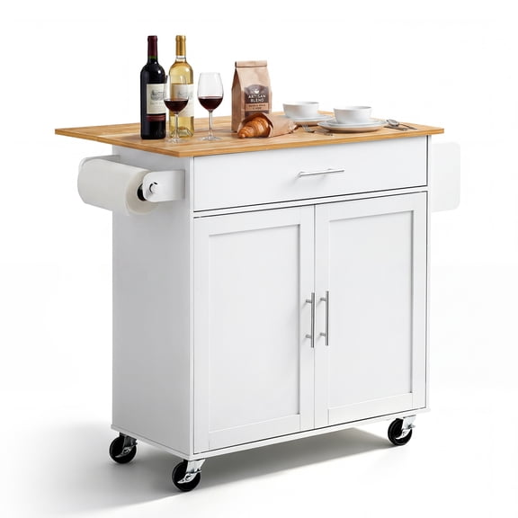 VEVOR Kitchen Island Cart with Storage, 42.28 in Wide Mobile Rolling Storage Island on Swivel Wheels, with Drawer, Storage Cabinet, Drop Leaf, Spice Rack, Table for Home Dining Room, White