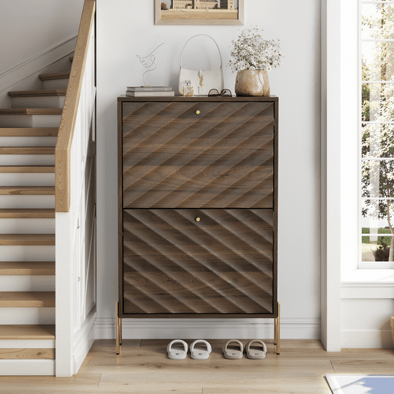 WGYPRIME 23.6" Shoe Storage Cabinet, Mid-century Shoe Cabinet with 2 Flip Drawers, Freestanding Organizer with Metal legs Suitable for Entry, Hallway And Entryway