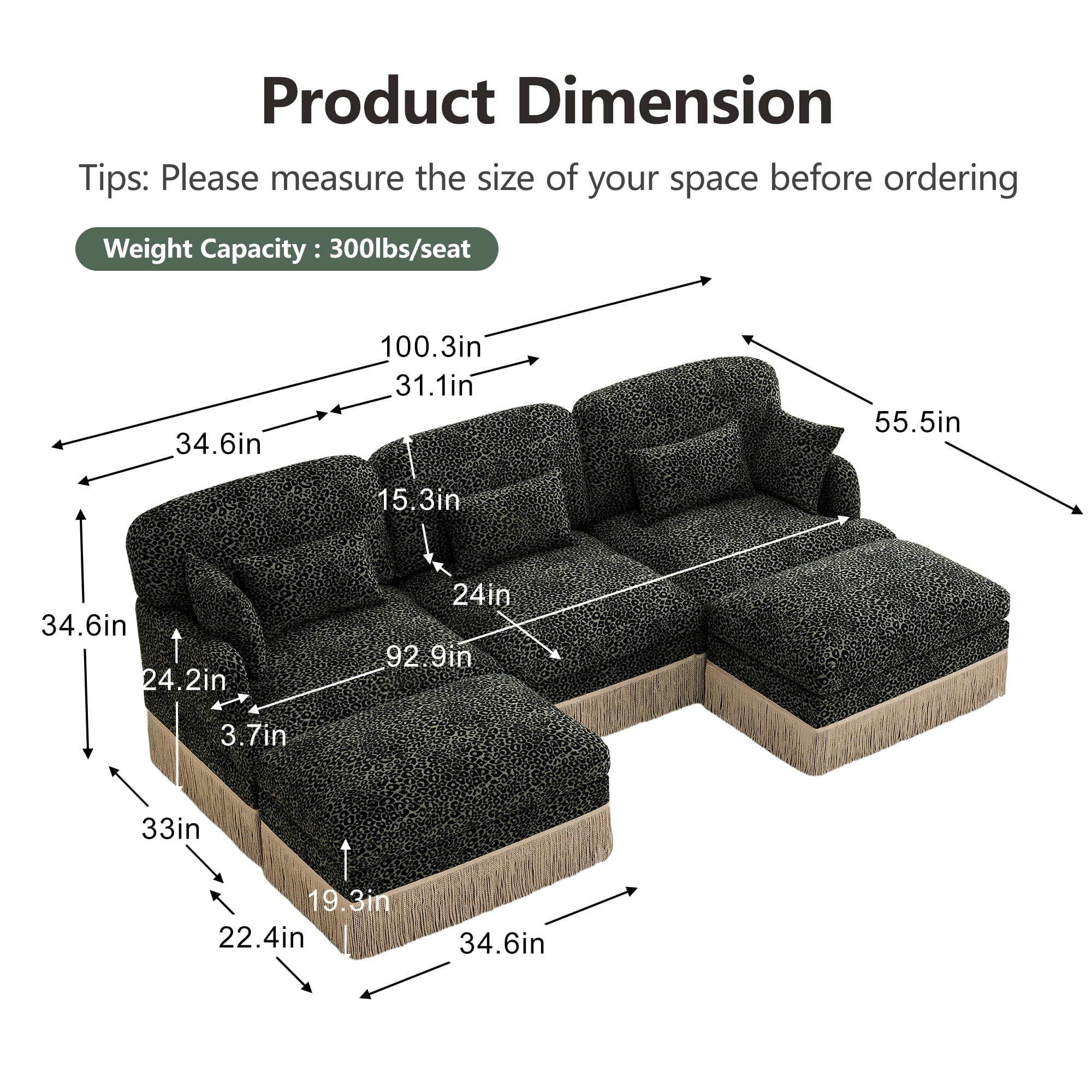 100" Chenille Leopard Tassel Deep Seat U Shape 3 Seater Modular Sofa Couch with 5 Throw Pillows and 2 Ottoman
