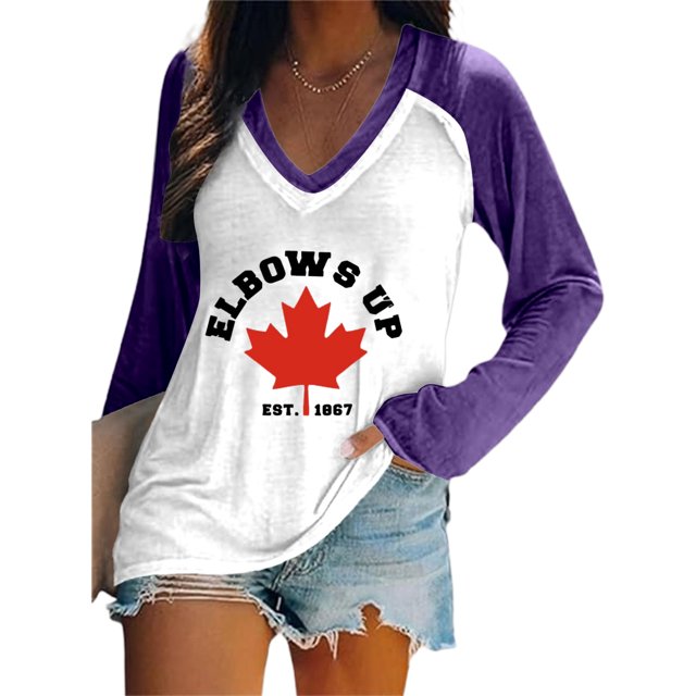 MHFRRA Camiseta de Manga Larga con Cuello En V y Estampado de La Bandera de Canadá para Mujer Púrpura