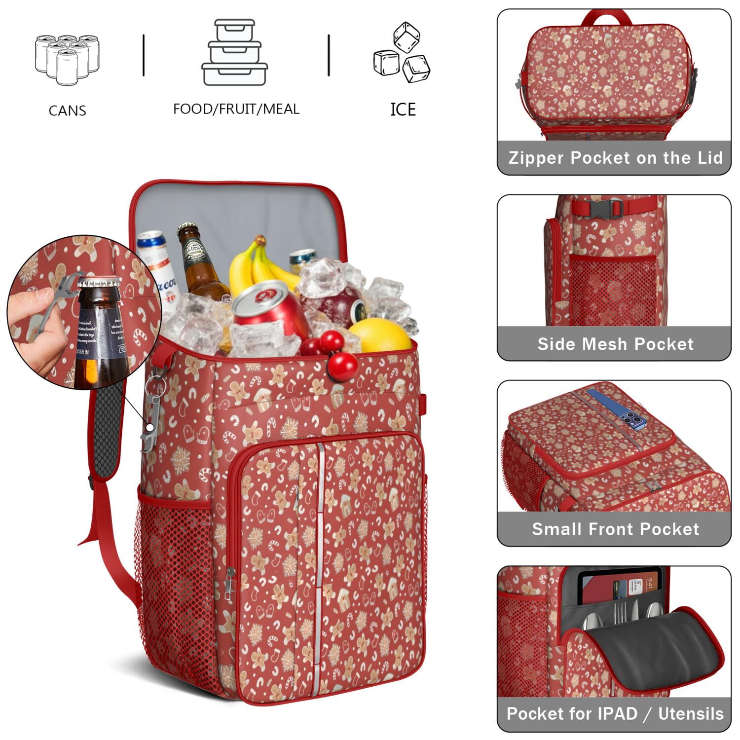 Travel Cooler Bag - Red Christmas Gingerbread and Mitten Pattern Camping Beer Cooler Backpack with Bottle Opener- Waterproof Insulated Picnic Backpacks - Cooler Bag for Beach