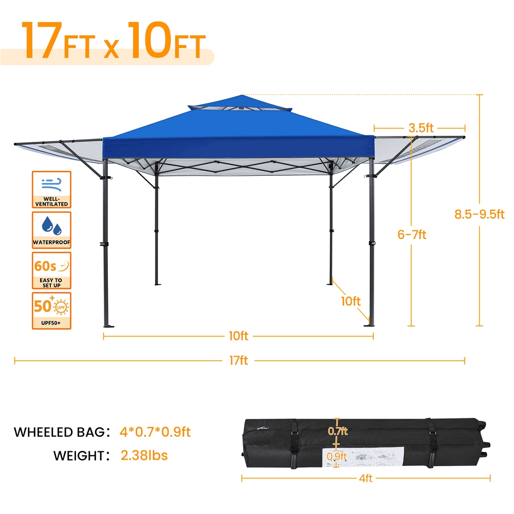 Renwick 10 × 17 ft Pop-up Canopy Tent w/ Side Awnings and One-handed Setup, Blue