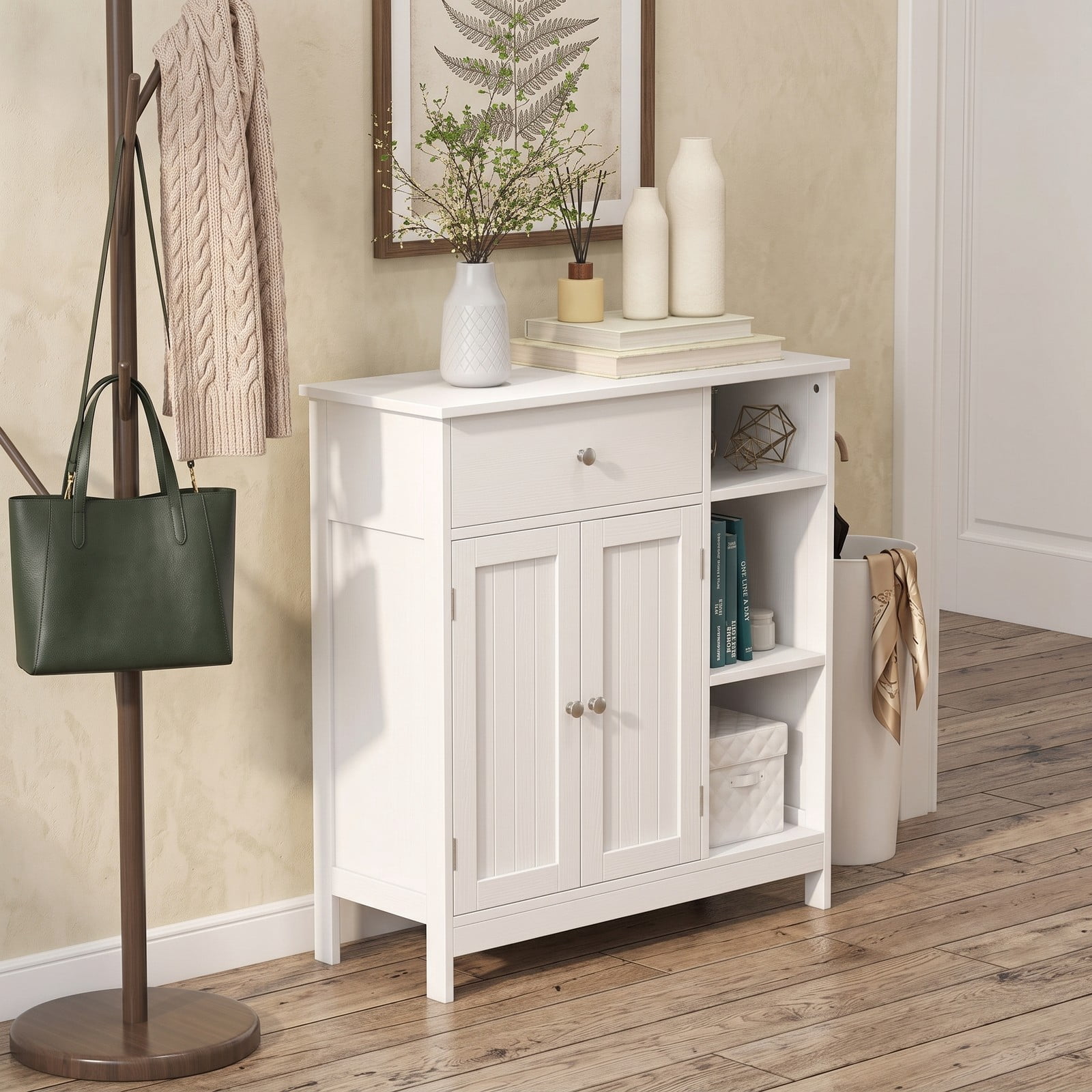 ALPULON Bathroom Floor Storage Cabinet with Drawer and 3 Open Compartments, Freestanding MDF Organizer Cabinet with Adjustable Shelf and Anti-Tip Device for, White