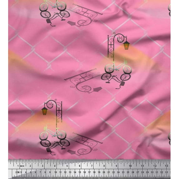 Soimoi Poly Georgette Fabric Street Lamp,Bicycle & Iron Net Vintage Decor Fabric Printed Yard 52 Inch Wide
