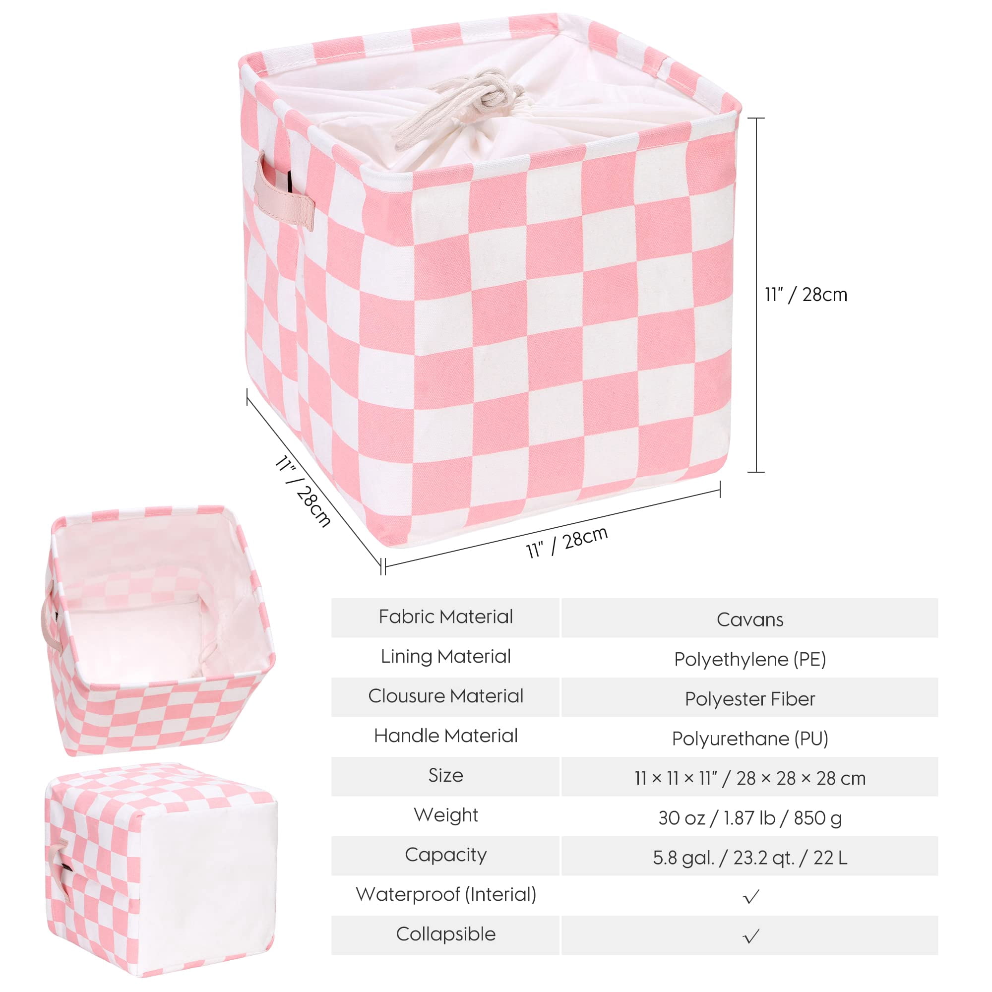 Hinwo 3-Pack Square Organizer Shelf Bins, Canvas Fabric Storage Baskets with Handles & Drawstring Cover, 22L Collapsible Storage Boxes, 11 x 11 x 11 Inches, Pink Checkerboard
