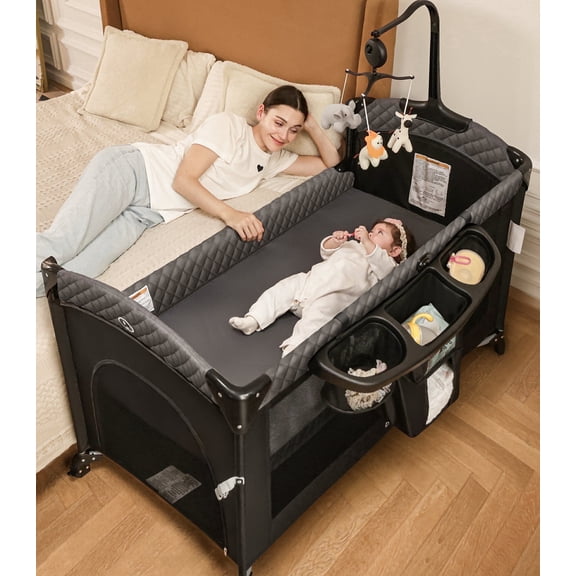 Babyeap 5-in-1 Baby Bassinet with Playard Mode & Changing Table,Bedside Sleeper for Newborns and Infants,Black