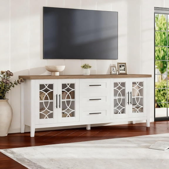 Farmhouse TV Stand, Entertainment Center for 75 Inch TV, Media Console Table with 3 Drawers and 2 Glass-Front Storage Cabinets, Wooden TV Console for Living Room Bedroom, Brown and White