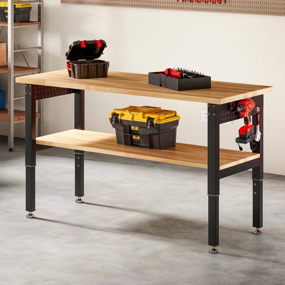 Jocisland Adjustable 2-Tier Workbench with 4 Ac Outlet and 2 Usb Ports Power Outlets, 2000 lbs Capacity, Rubber Wood Top for Garage (48X20 in)