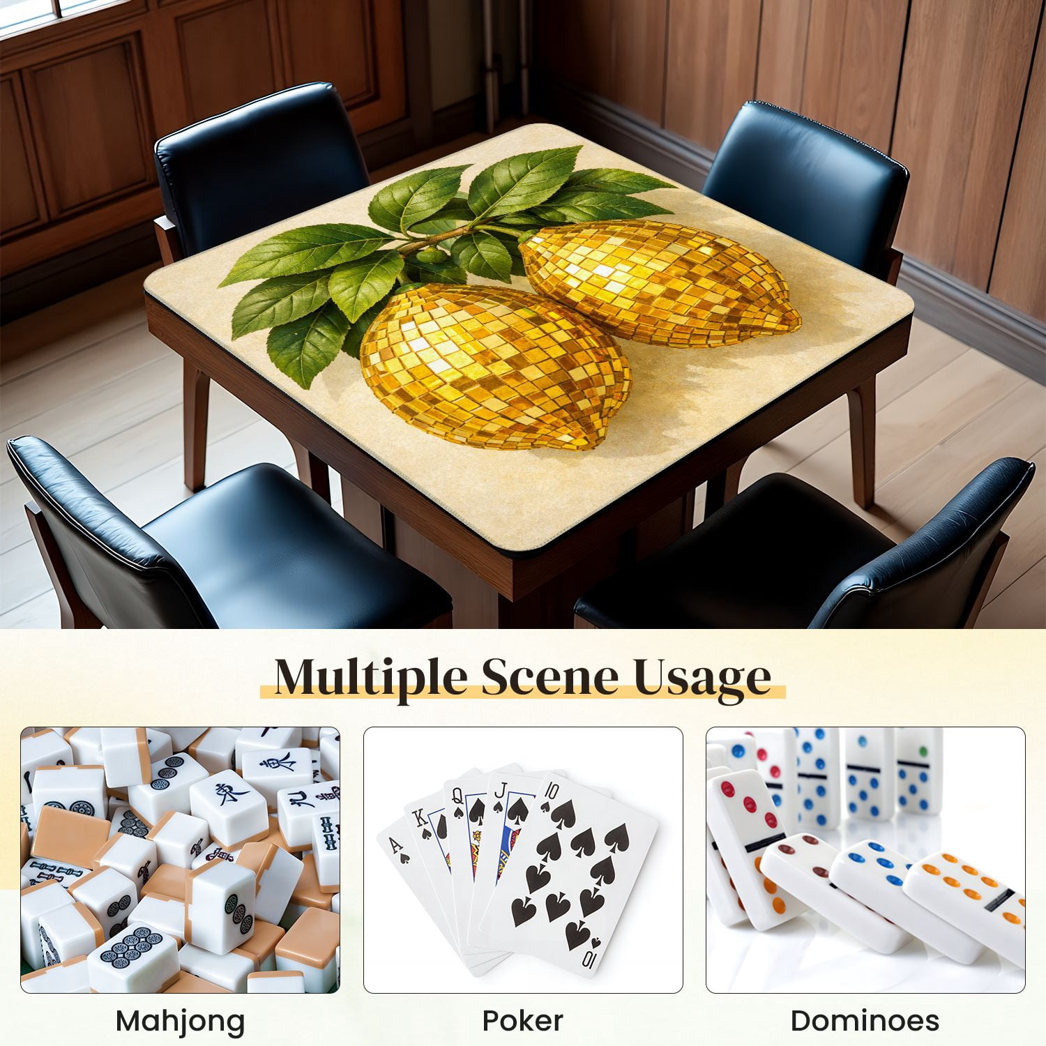 Mahjong Mat 31.5" x 31.5" Golden Mosaic Lemons Green Leaves Neutral Decorative Realistic Non-Slip Noise Reduction Mahjong Tiles Table Cover for Dominoes Poker Card Board and Tile Games