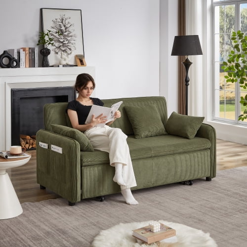 Convertible Sleeper Sofa Bed, 3-in-1 Corduroy Loveseat with Pull-Out Bed, Adjustable Backrest, Side Pocket, 4 Pillows, Sturdy Steel Frame, for Living Room, Apartment, Office, Green