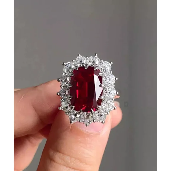 Beautiful 3Ct Cushion Cut Simulated Red Ruby Diamond Halo Wedding Women's Ring 14K White Gold Plated 925 Sterling Silver