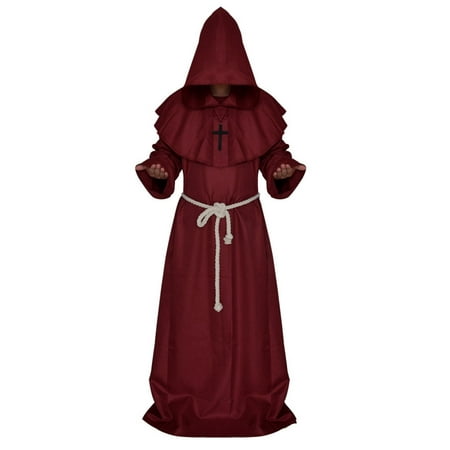 Medieval Priest Monk Robe Hooded Cap Halloween Cosplay Costume Cloak for Wizard Sorcerer - Size M (Dark Red)