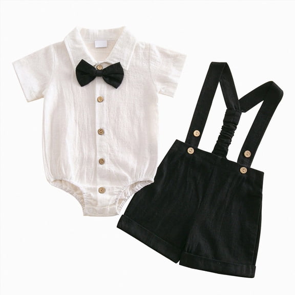 mgoYE Newborn Baby Boy Gentleman Outfit Suit Short Sleeve Romper Suspender Shorts Summer Clothes Set, Wedding/Birthday Outfit(Black,12-18 Months)