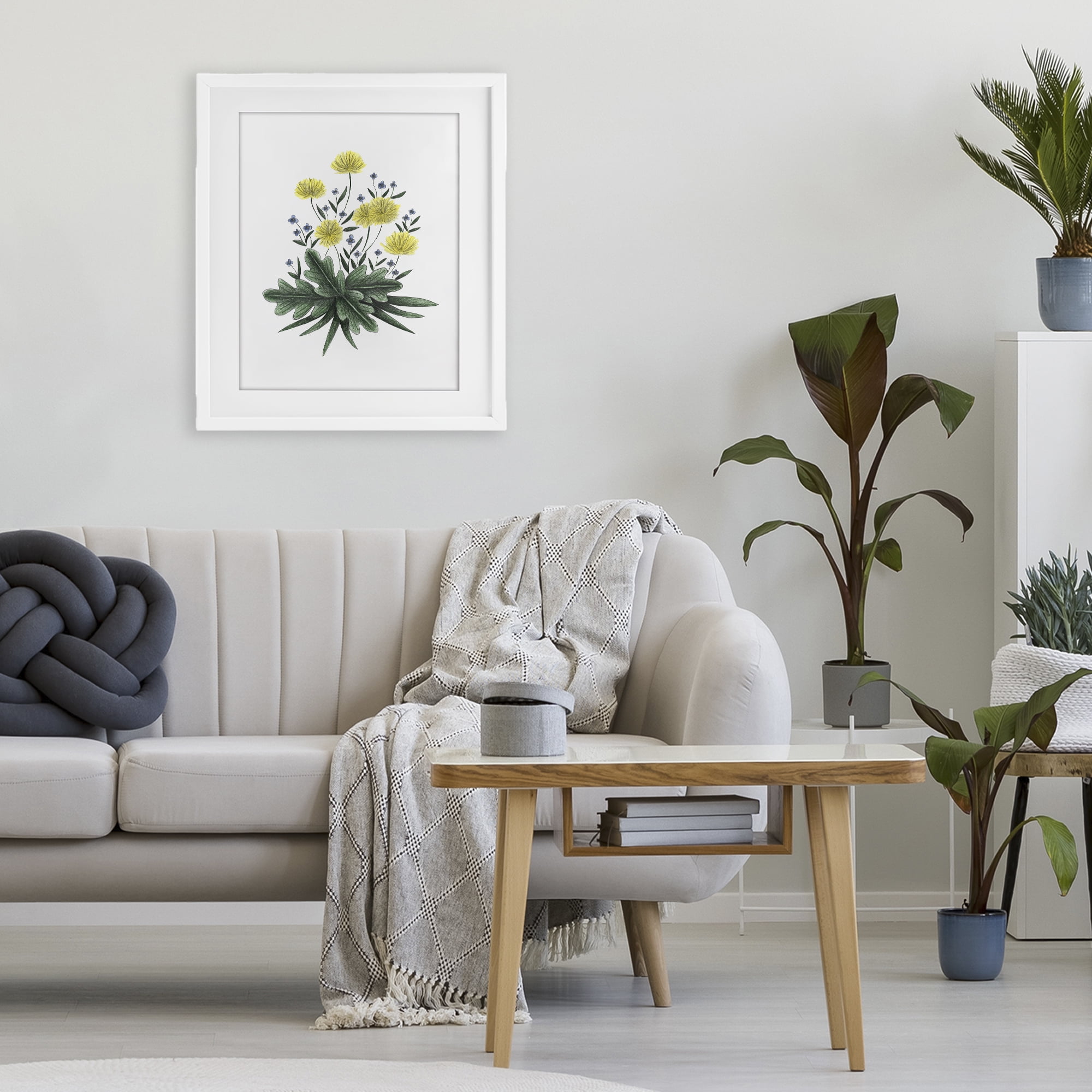 Dandelion Flower Illustration White Framed Print Under Glass, design by Cecilia Battaini