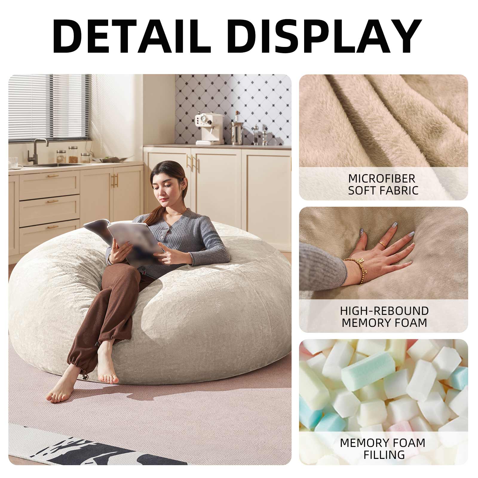 Bean Bag Chair 6FT,  Large Memory Foam Filled Chair for Adults and Teens, Soft Sofa with Removable Flannel Cover, Round Couch for Living Room Bedroom College Dorm
